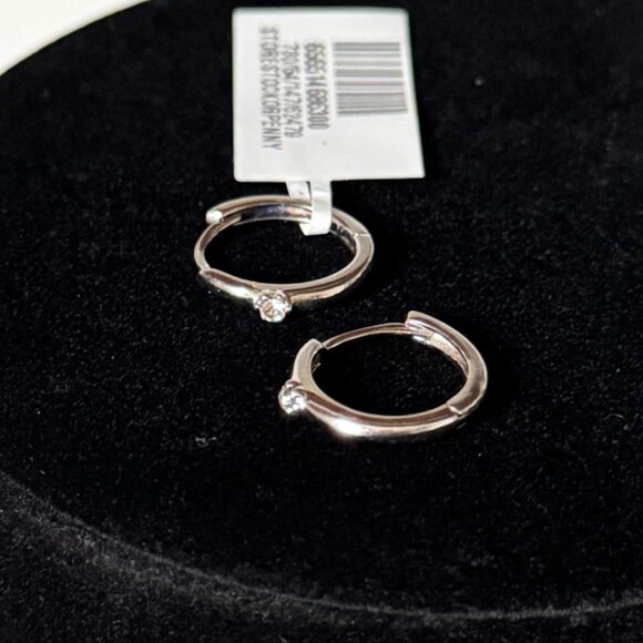 FAO Schwarz Sterling Silver Tiny Hoop Earrings with Crystal Stone Accent - Picture 1 of 5